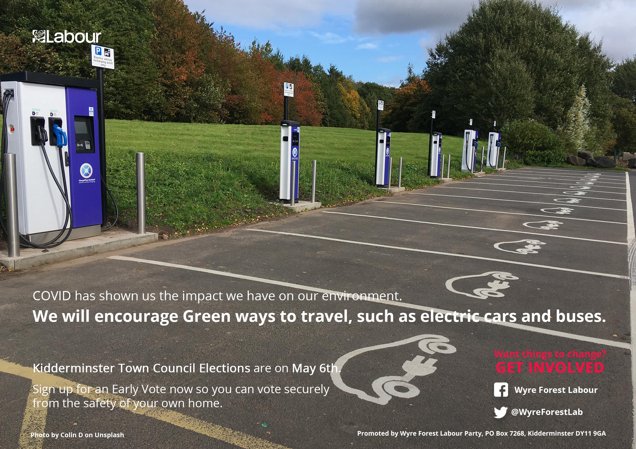 Our Pledge: We will encourage green ways to travel, such as electric cars and buses